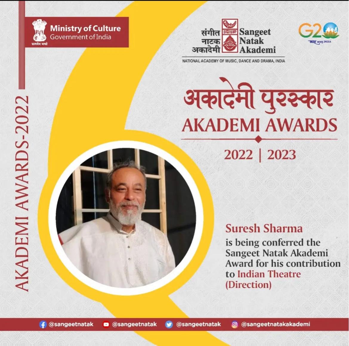 Renowned theatre figure Prof Suresh Sharma to receive prestigious Sangeet Natak Akademi Award