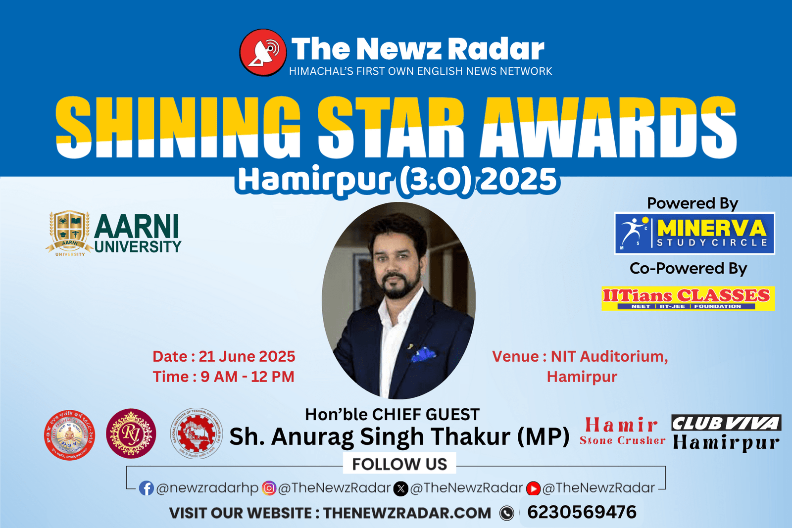 TNR-Shining Star Awards for Bilaspur, Hamirpur districts on June 21; former Union Minister Anurag Thakur to be chief guest