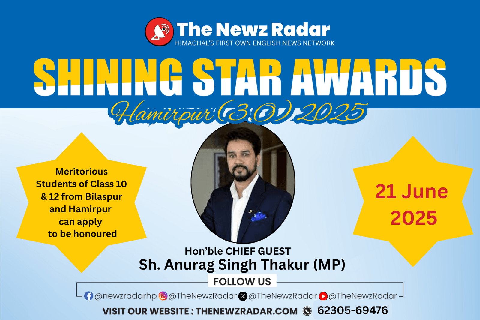 TNR-Shining Star Awards now in Hamirpur on June 21; former Union Minister Anurag Thakur to be chief guest