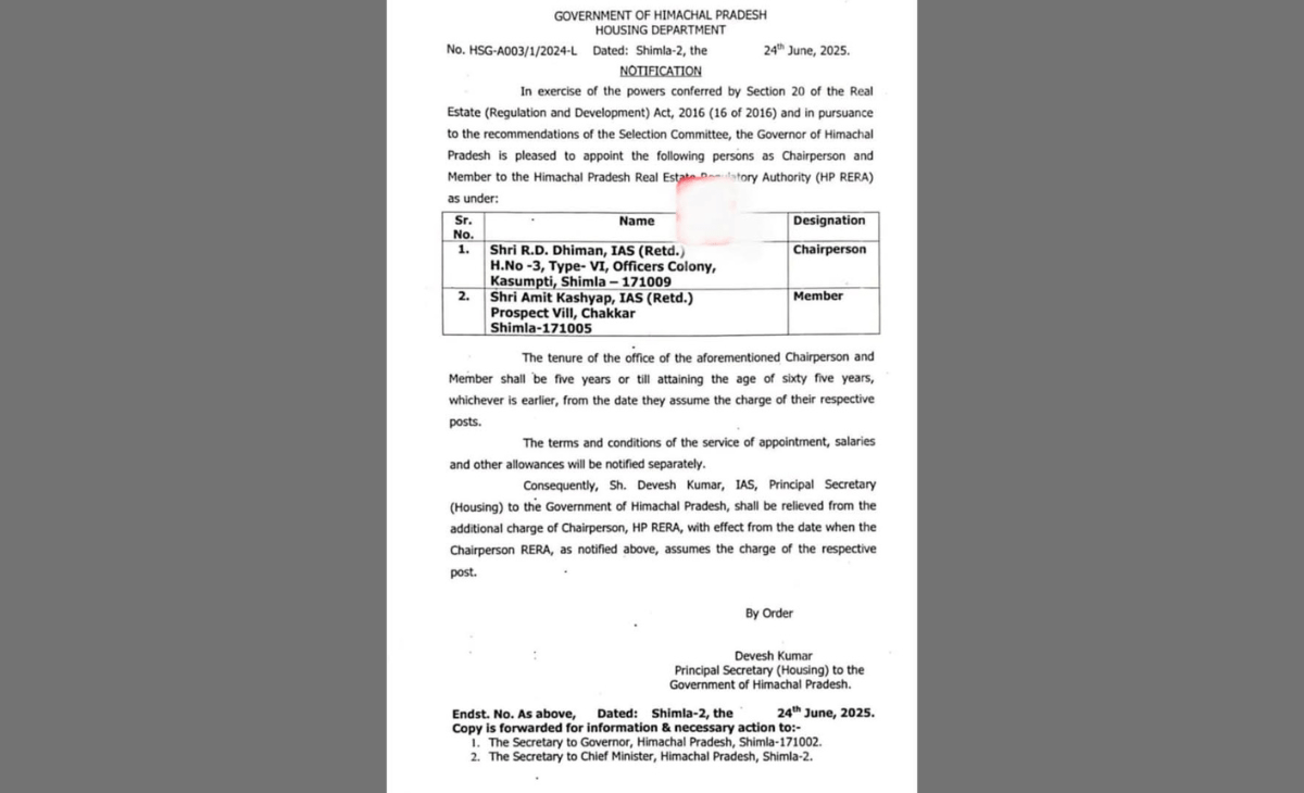 R.D. Dhiman Appointed Chairman of RERA, Amit Kashyap Named Member; Dharamsala to Host New Headquarters