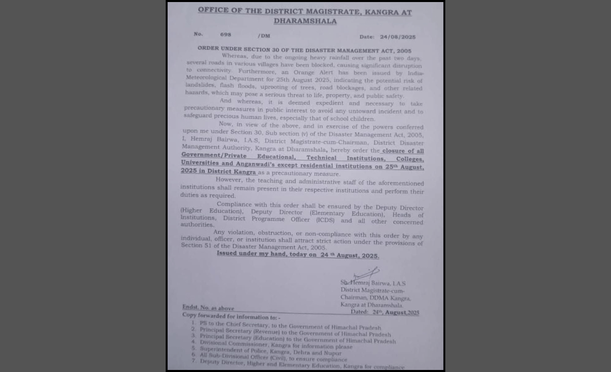 Heavy Rains Disrupt Normal Life: Kangra Schools, Colleges to Remain Closed on August 25