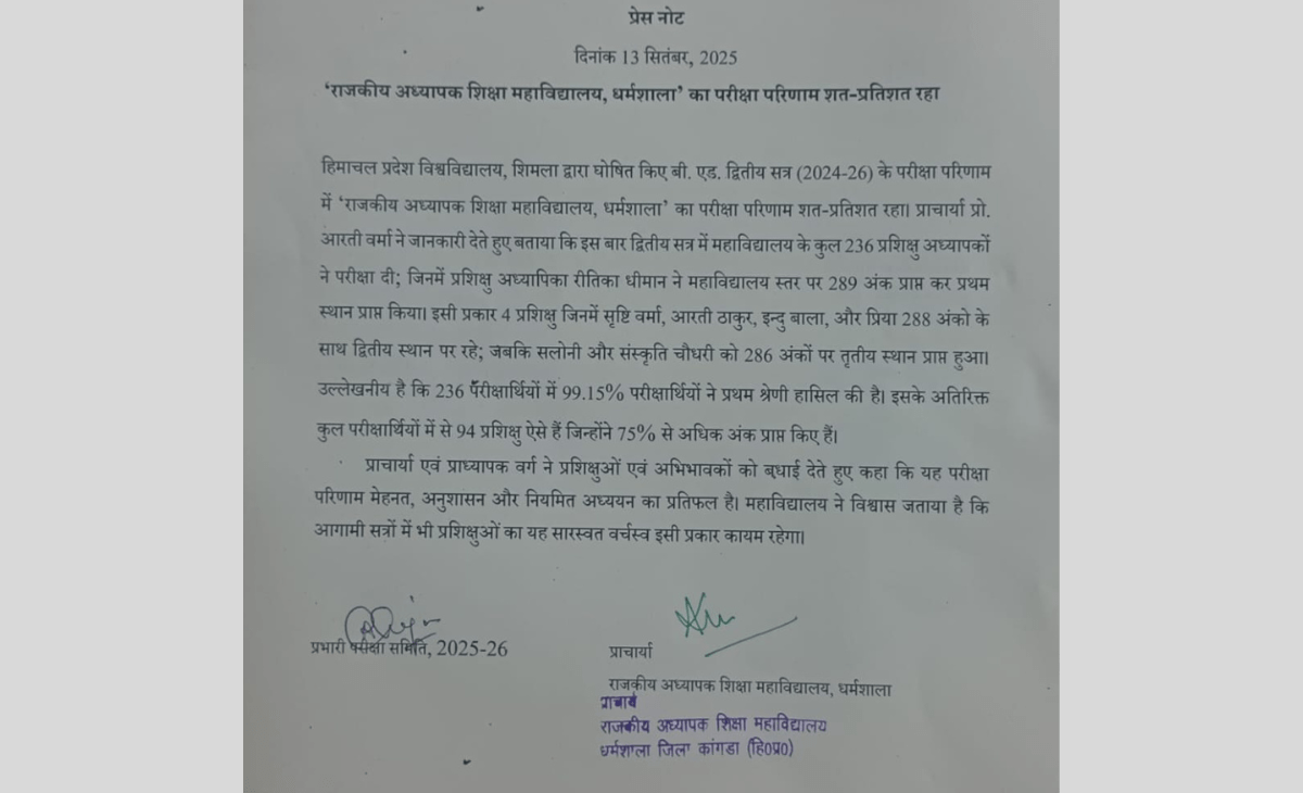 Dharamshala Teacher Training College Achieves 100% Pass Rate in B.Ed. Semester Results