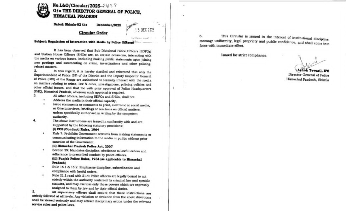 ‘Gag order’ for Himachal DSPs, SHOs sparks debate as DGP bars police personnel from speaking to media