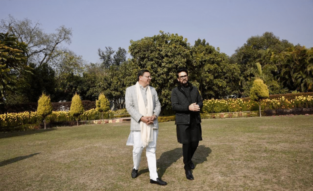 Anurag Singh Thakur meets Uttarakhand CM Pushkar Singh Dhami in Dehradun 2 a1