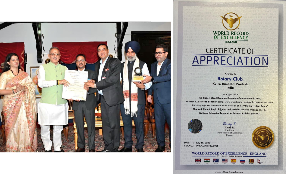 Rotary Club Kullu Earns National Recognition for Blood Donation Initiative