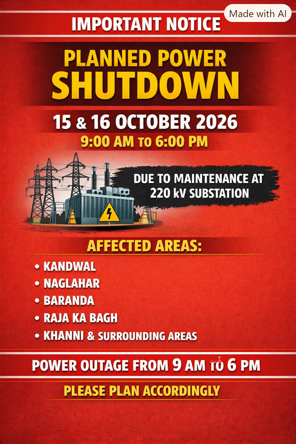Power Shutdown Scheduled on 11 kV Feeders from Raja ka Bagh Substation